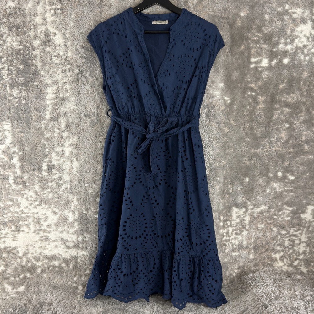 Lungo L'Arno Size S Eyelet V Neck Faux Wrap Dress Navy Cap Sleeveless